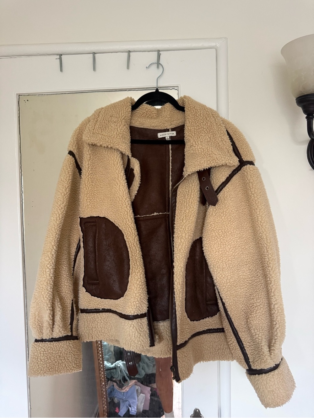 Moon River Tan Teddy Jacket with Brown Suede Trim